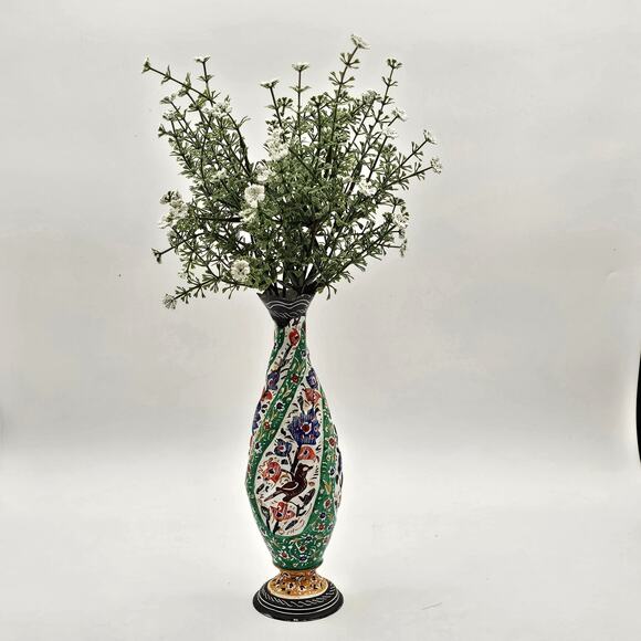 Vintage Persian Hand-Painted Metal Vase with Textured Flowers & Bird 8.5" - Picture 8 of 8
